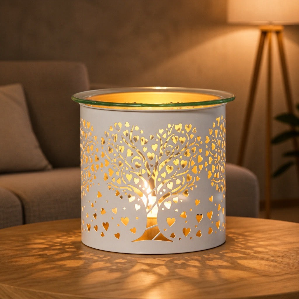 White and gold tealight wax melter with heart tree silhouette design