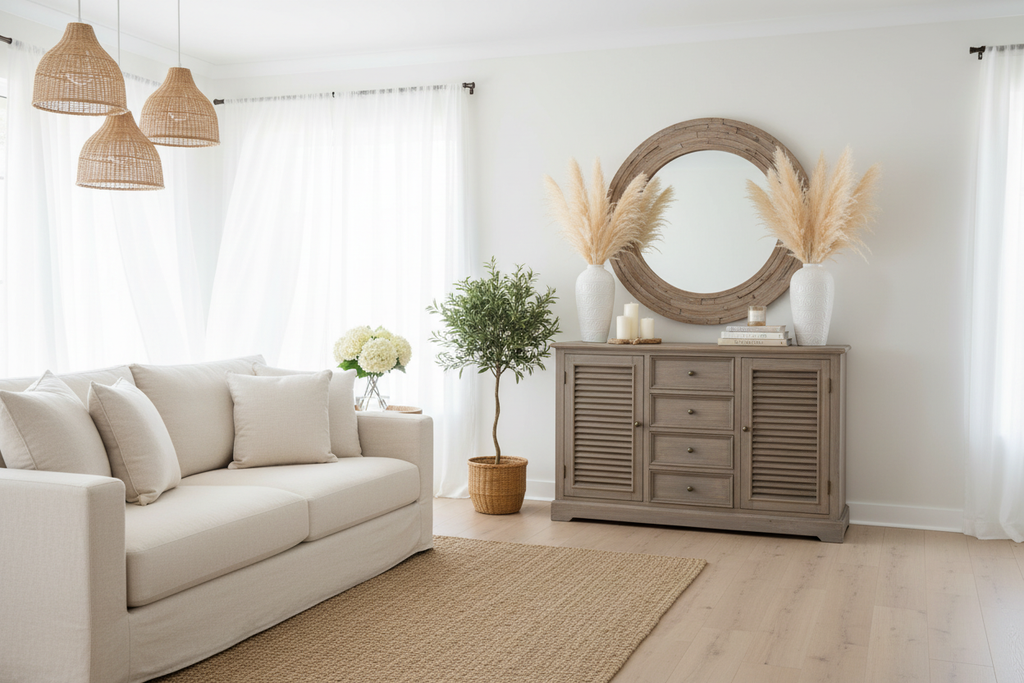 Delphine Dresser - styled in coastal Hamptons living room