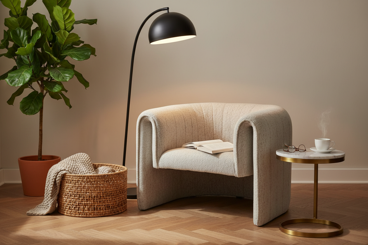 Avia Mist Armchair - styled reading nook with basket