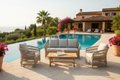 Palma Collection Outdoor Set styled beside a luxury swimming pool