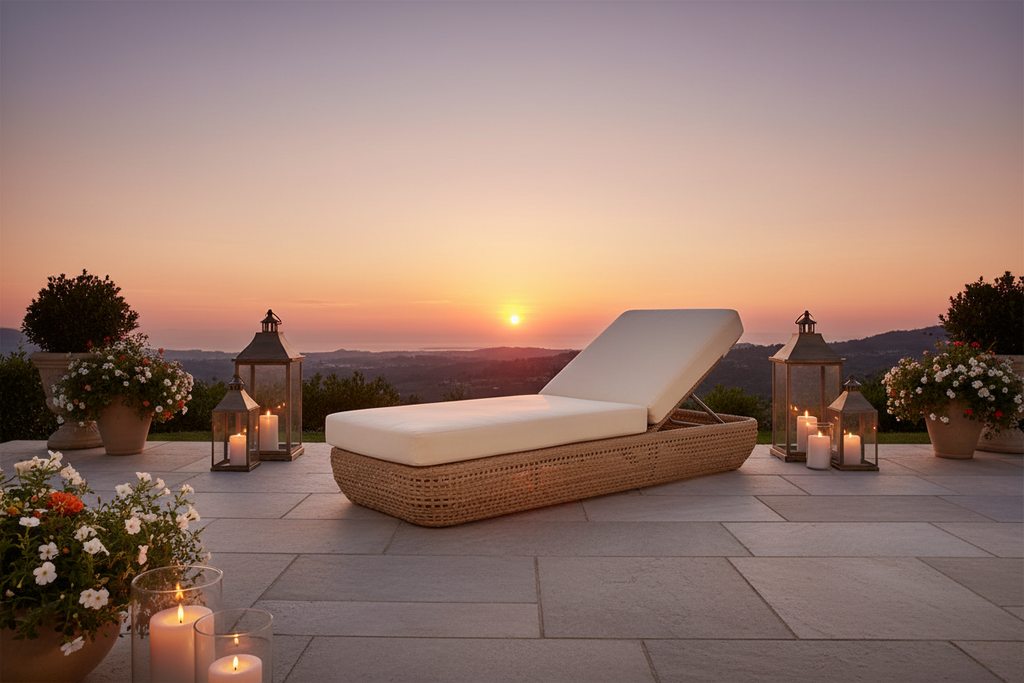 Bloom Collection Outdoor Sunbed on stone patio at sunset with candles and lanterns